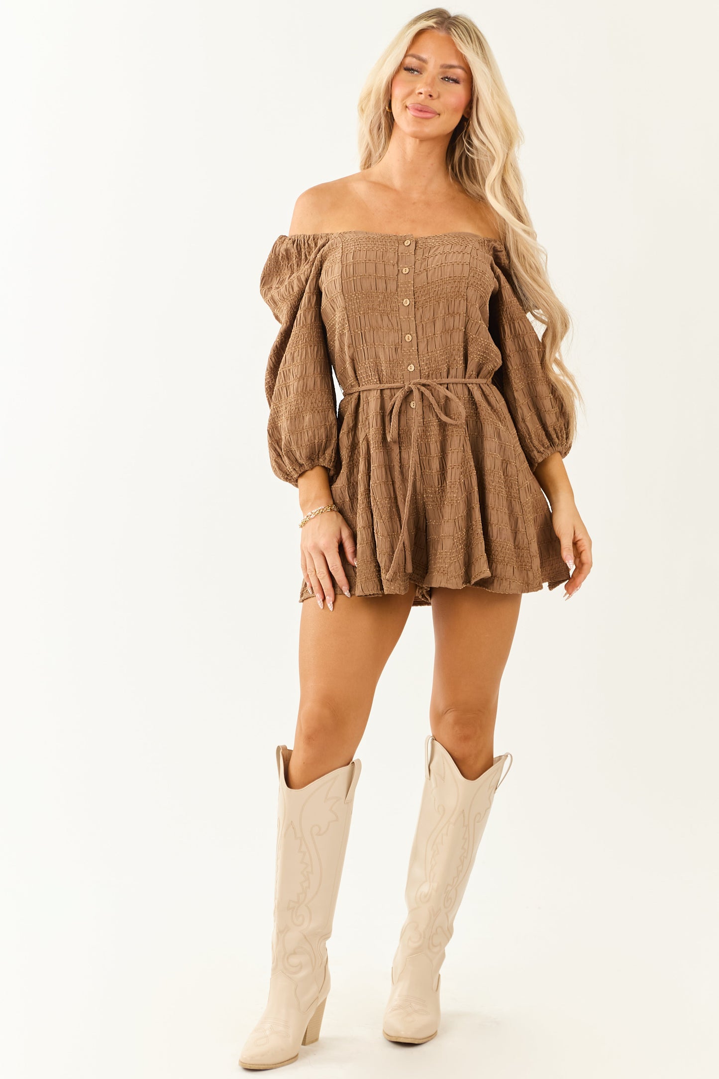 Sepia Velvet Textured Puff Sleeve Wide Leg Romper