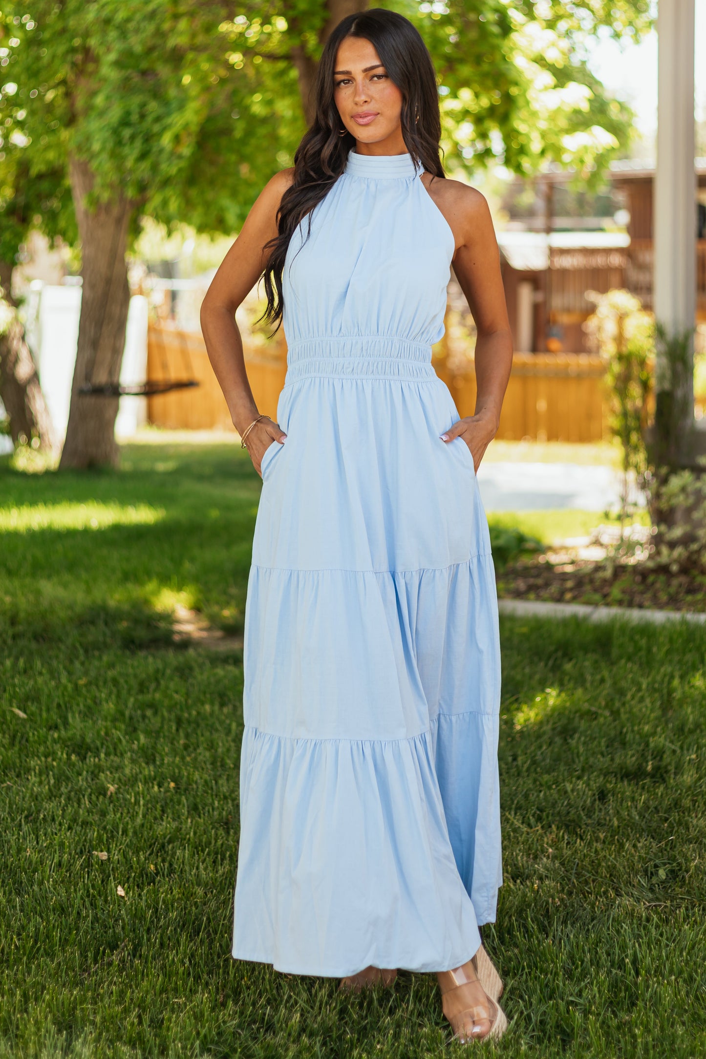 She+Sky Powder Blue Halter Mock Neck Maxi Dress
