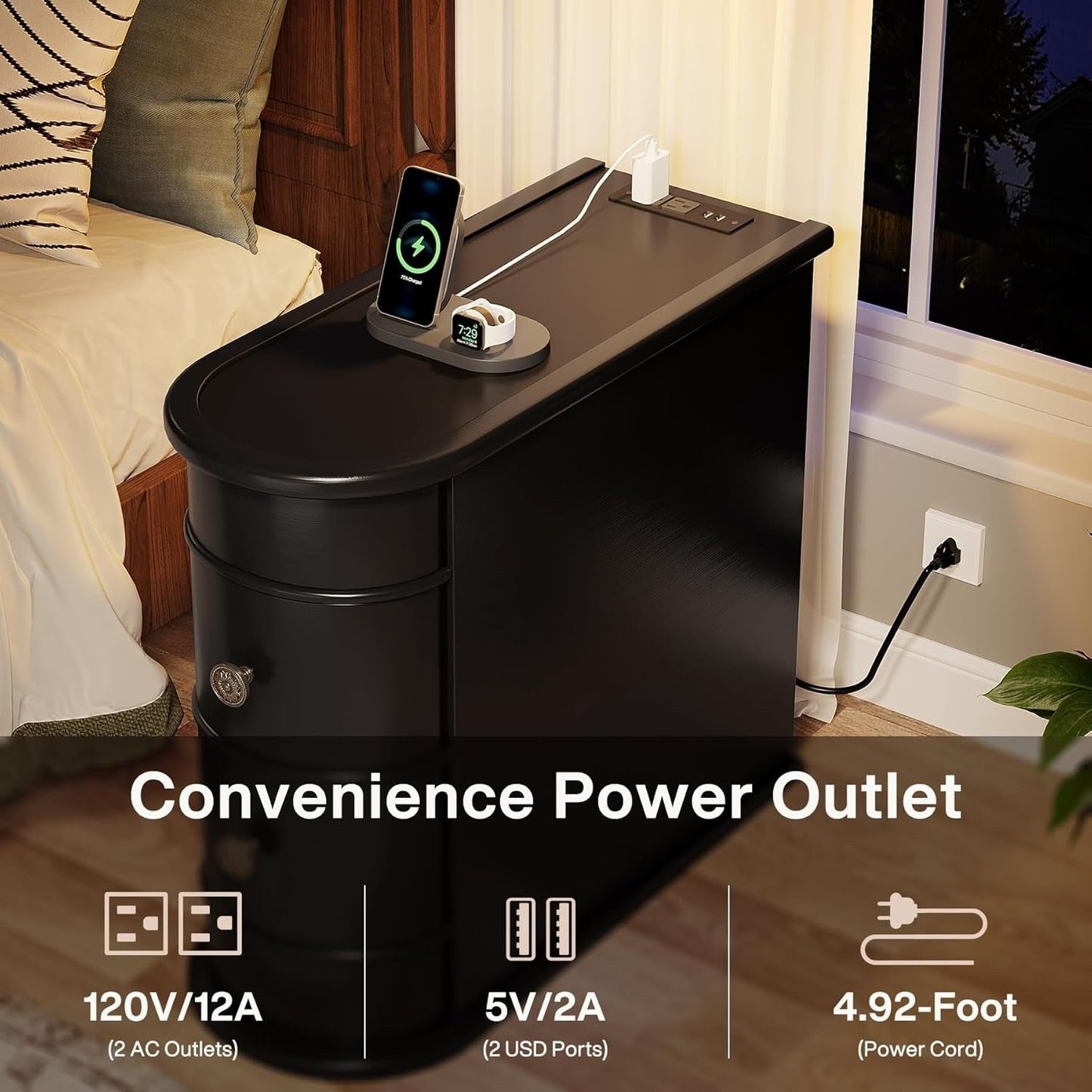 Solid Wood Chairside End Table, Two-Drawer Narrow Side Table Slim