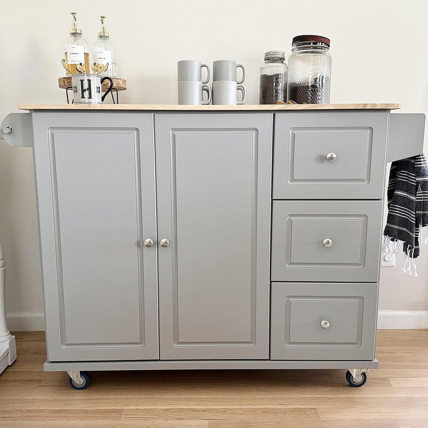Sophia & William Kitchen Island Cart with Drop-Leaf and Rubber Wood Top, Rolling Kitchen Trolley Cart with Large Storage Cabinet
