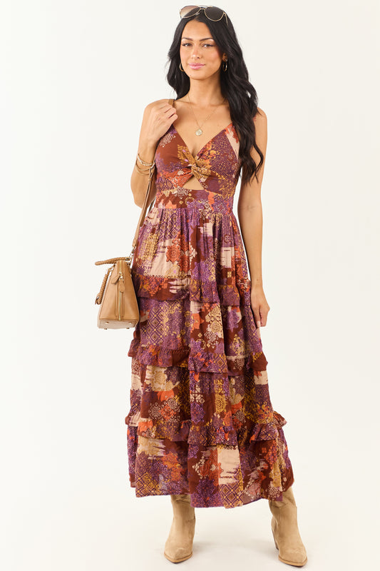 Spice Boho Patchwork Bust Twist Tiered Midi Dress