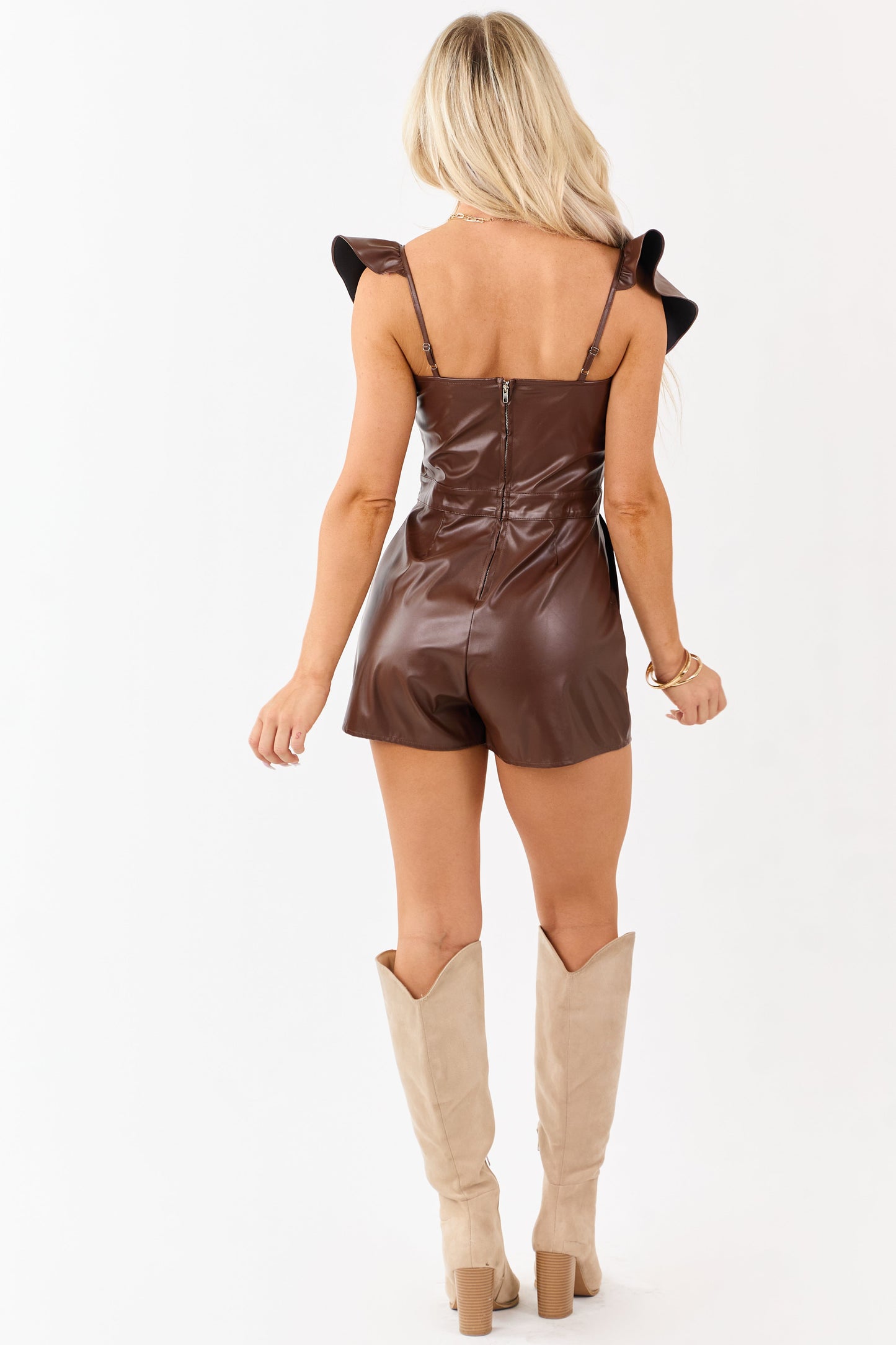 Spice Faux Leather Short Ruffle Sleeve Romper
