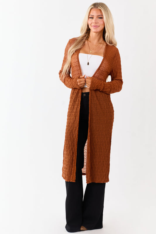 Spice Sheer Wavy Textured Mesh Duster Cardigan