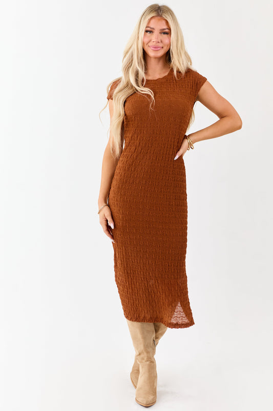 Spice Wavy Textured Mesh Cap Sleeve Midi Dress