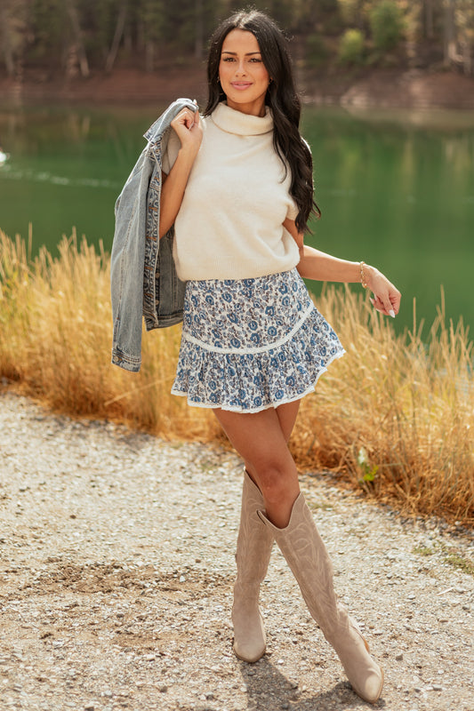 Steel Blue Floral Print Tiered Lace Mini Skort