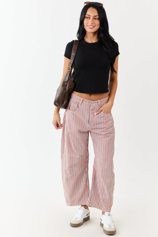 Steel Blue and Ruby Striped Barrel Cropped Pants