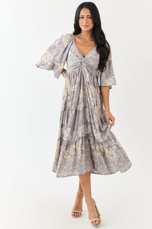 Steel Floral Print Bust Twist Flare Sleeve Midi Dress