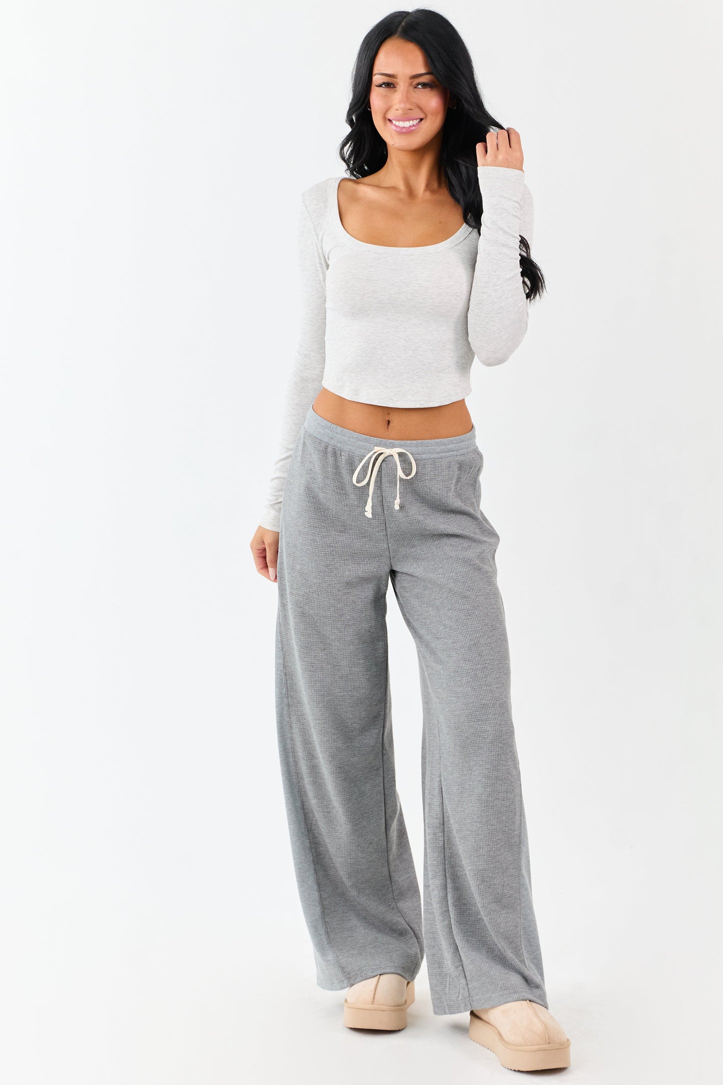Steel Waffle Knit Wide Leg Drawstring Pants