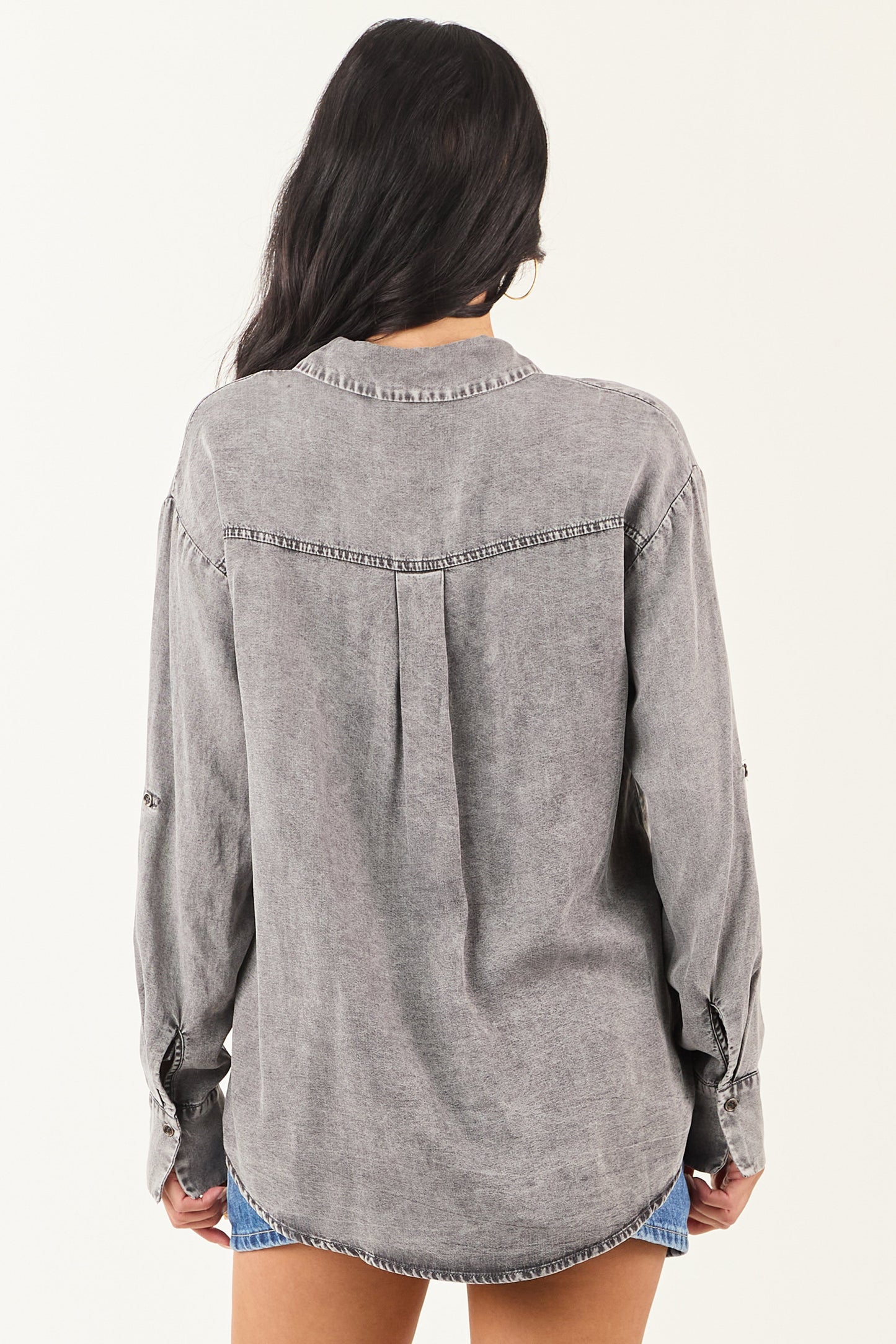 Steel Washed Chambray Denim Button Up Top