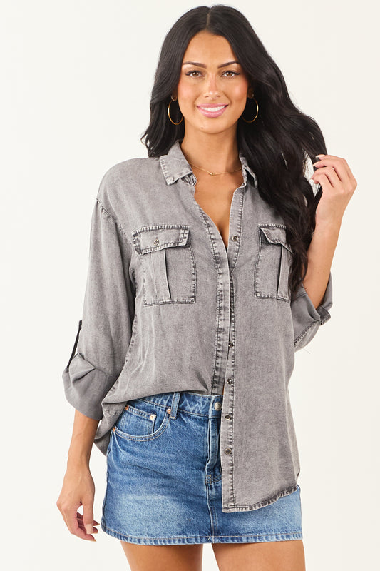 Steel Washed Chambray Denim Button Up Top
