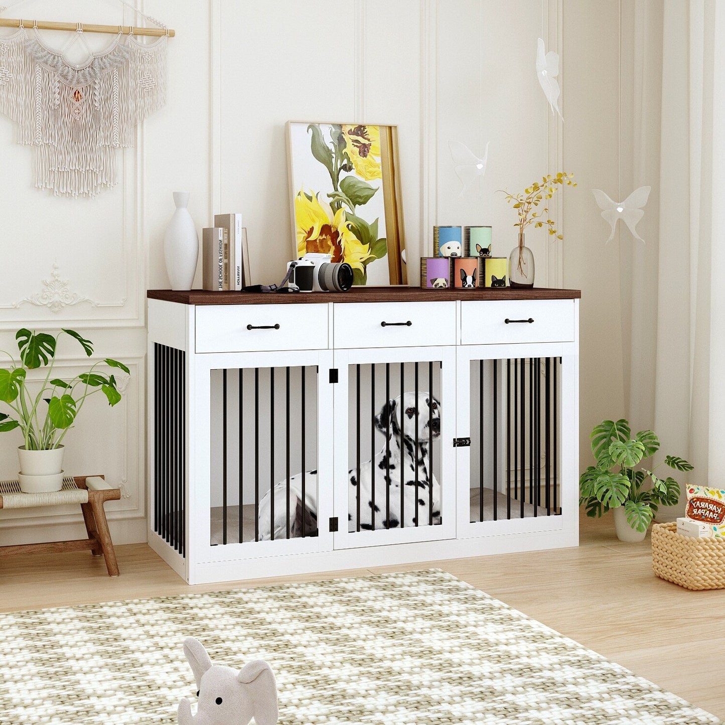 Stylish Wooden Dog Crate Furniture with Storage, 3 Drawers