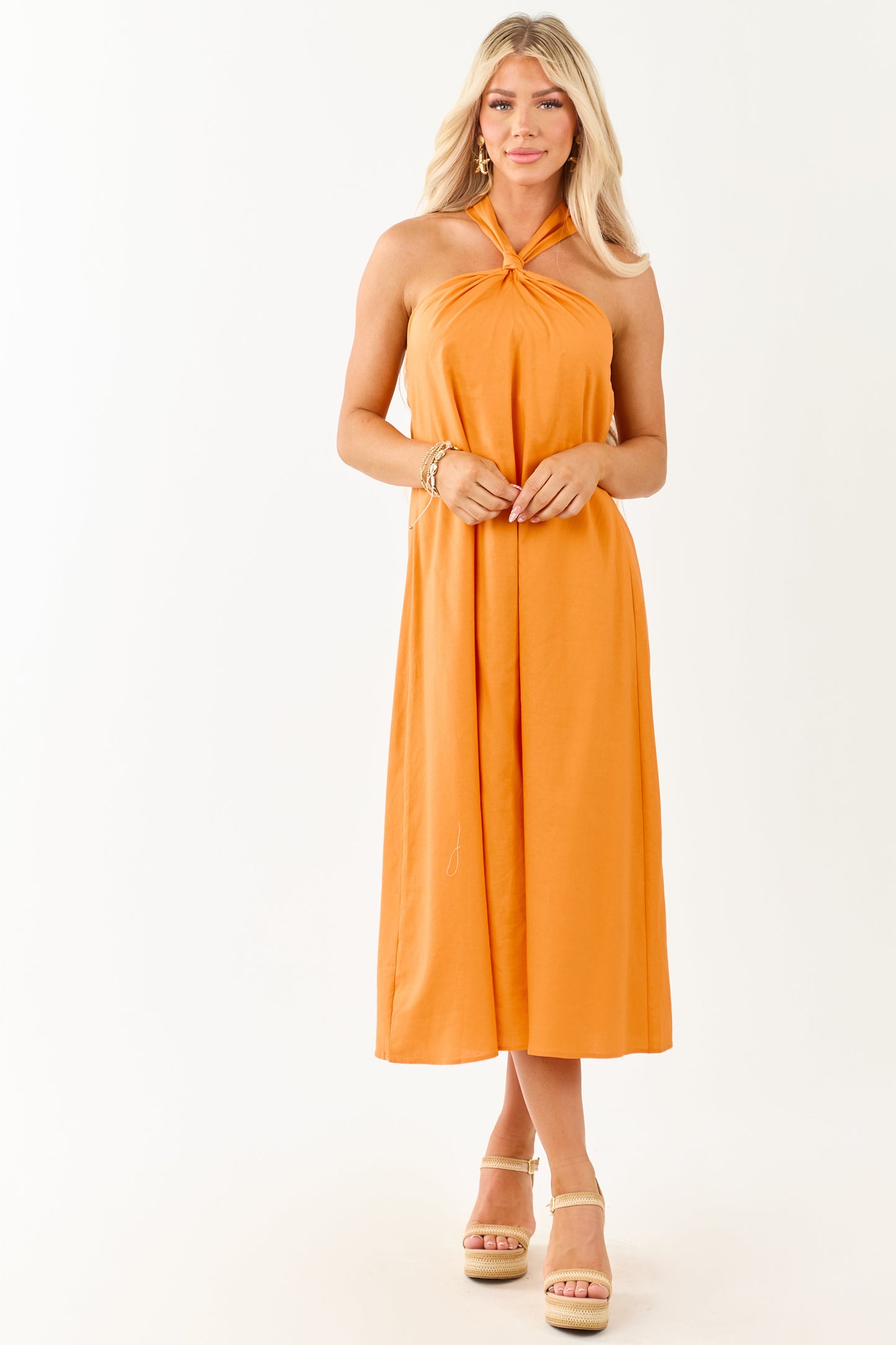 Tangerine Halter Knot Tie Linen Blend Midi Dress