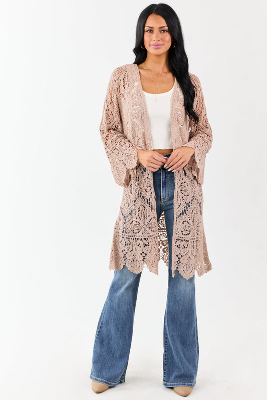 Taupe Open Crochet Bell Sleeve Cotton Duster Cardigan