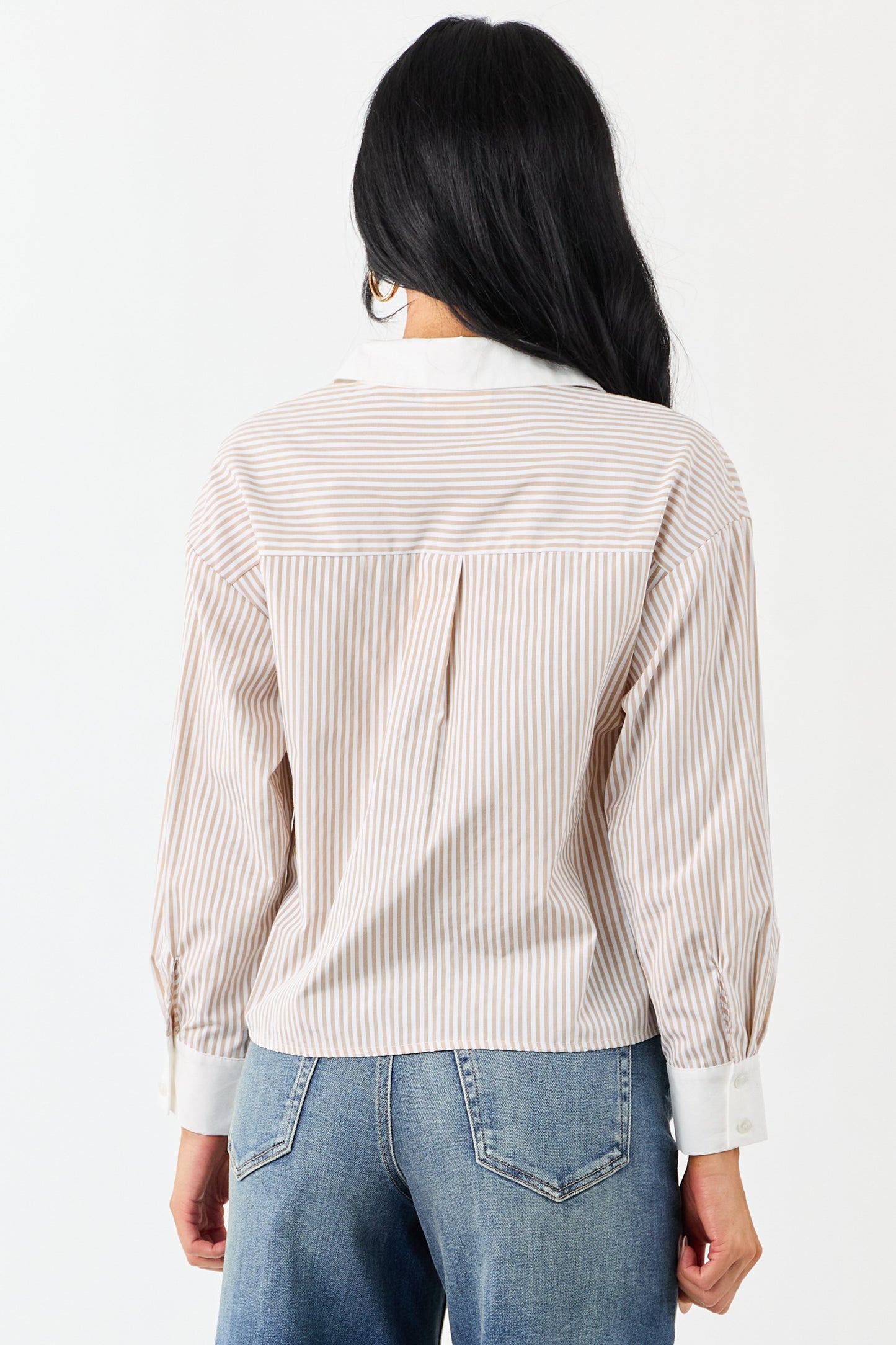 Taupe Striped Long Sleeve Button Down Cotton Top