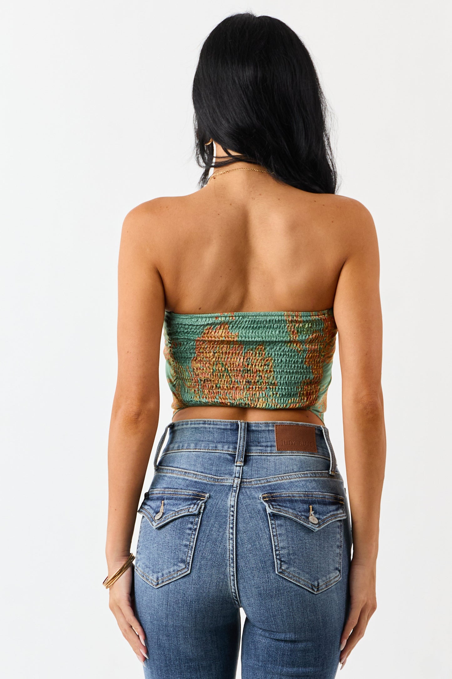 Teal Paisley Satin Bandana Smocked Strapless Top