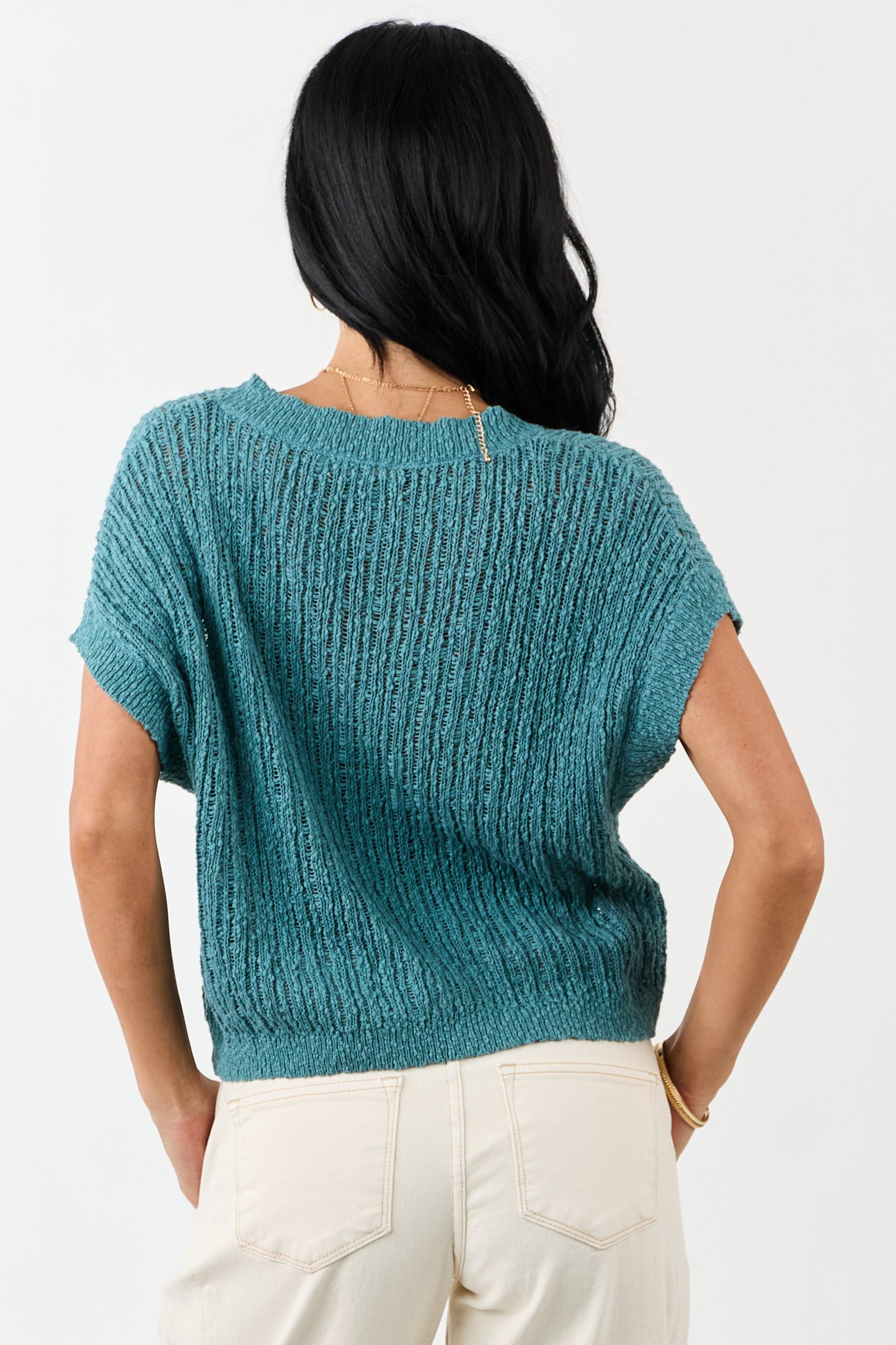 Teal V Neck Short Sleeve Cotton Sweater Top