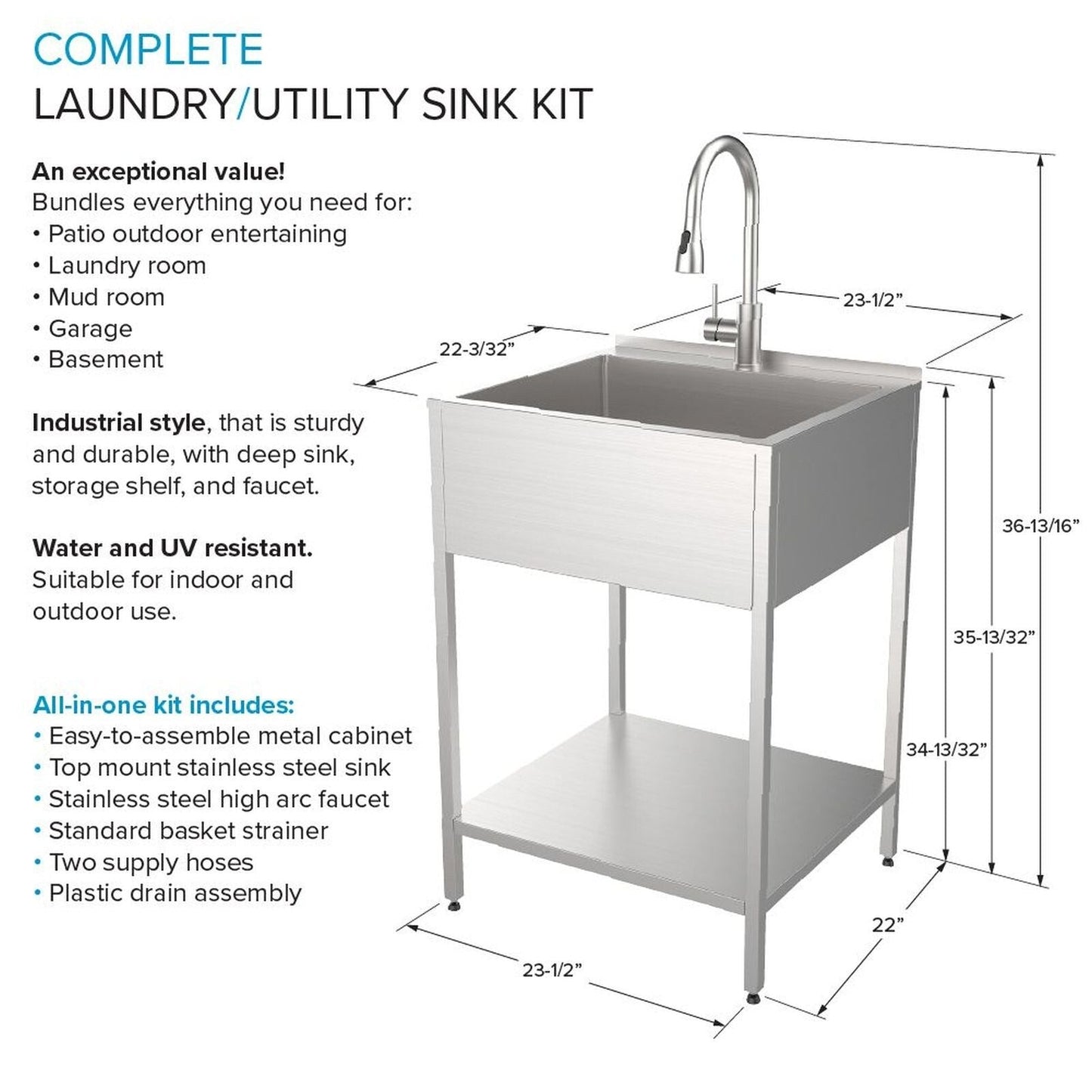 Transolid EWS-2422S 24-in W x 22-in D x 35-in H Stainless Steel Laundry Sink and Wash Stand - 24-in x 22-in