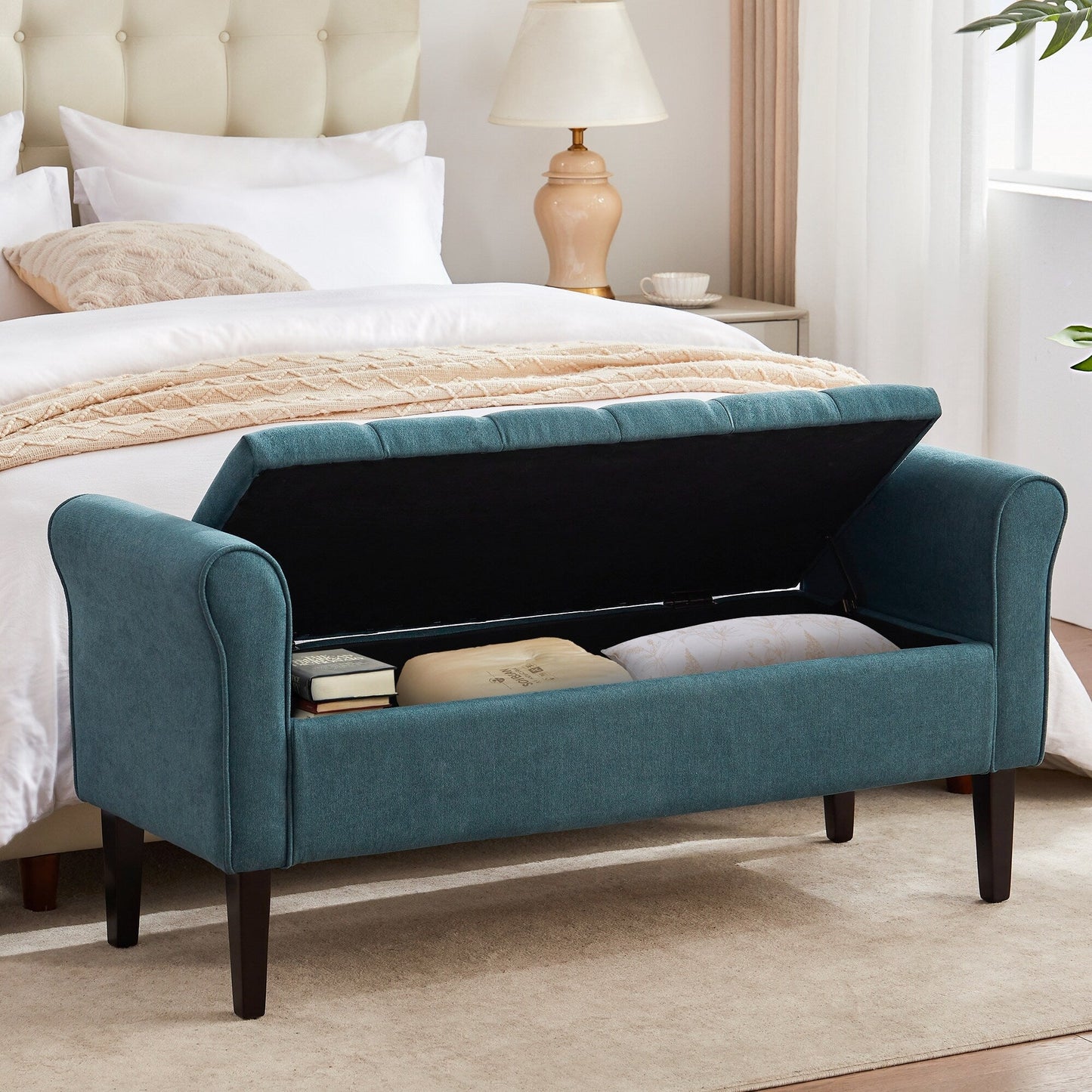 Upholstered Storage Bench Arm Bench Entryway Bench with Tufted Flip Top 50.4 Inches