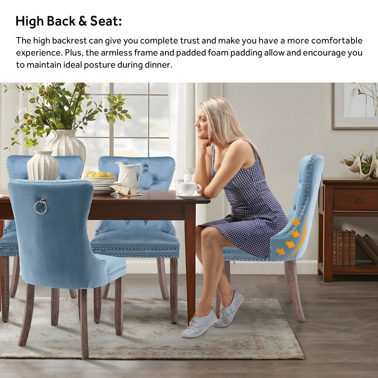 Upholstered Tufted Velvet Dining Chair with Solid Wood Legs Set of 6