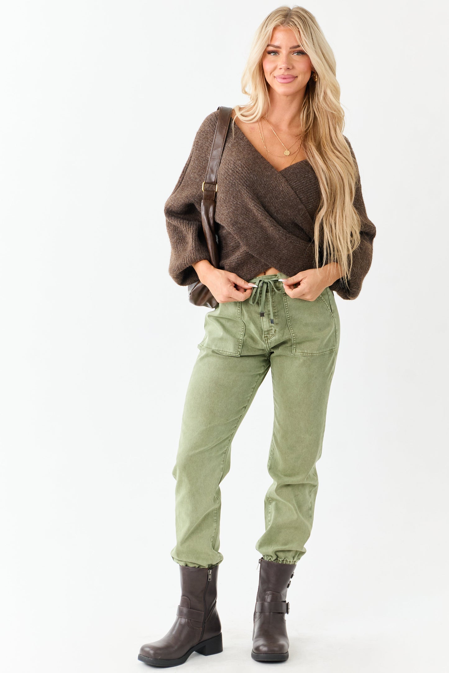 PRE-ORDER Walnut Crossover V Neck Puff Sleeve Sweater SHIP ETA 10/10