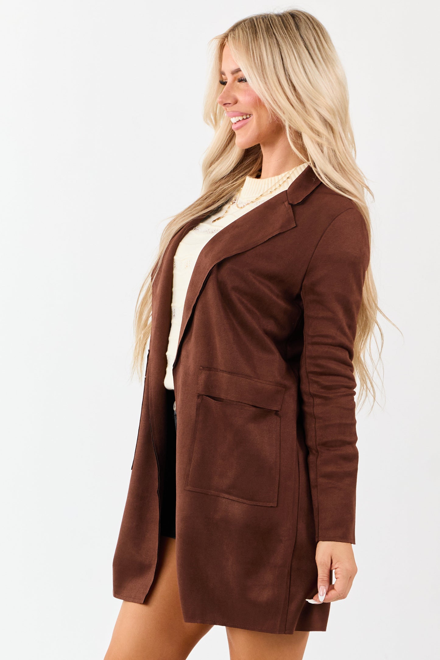 Walnut Faux Suede Open Front Jacket