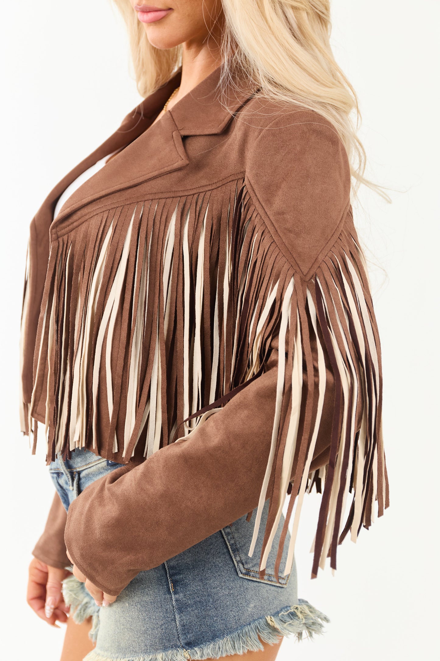 Walnut Fringe Faux Suede Open Front Jacket