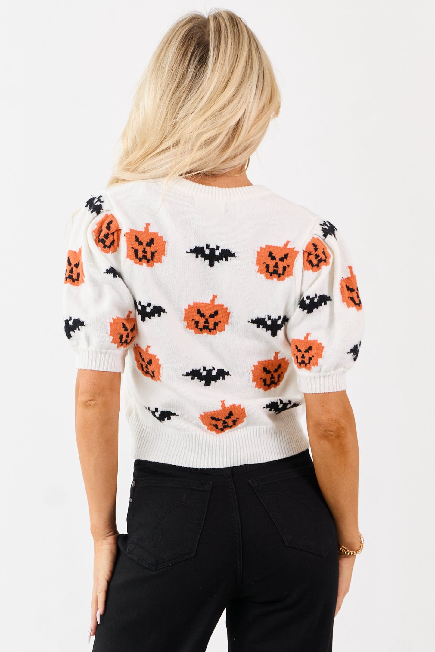 White Pumpkin and Bat Graphic Short Sleeve Sweater
