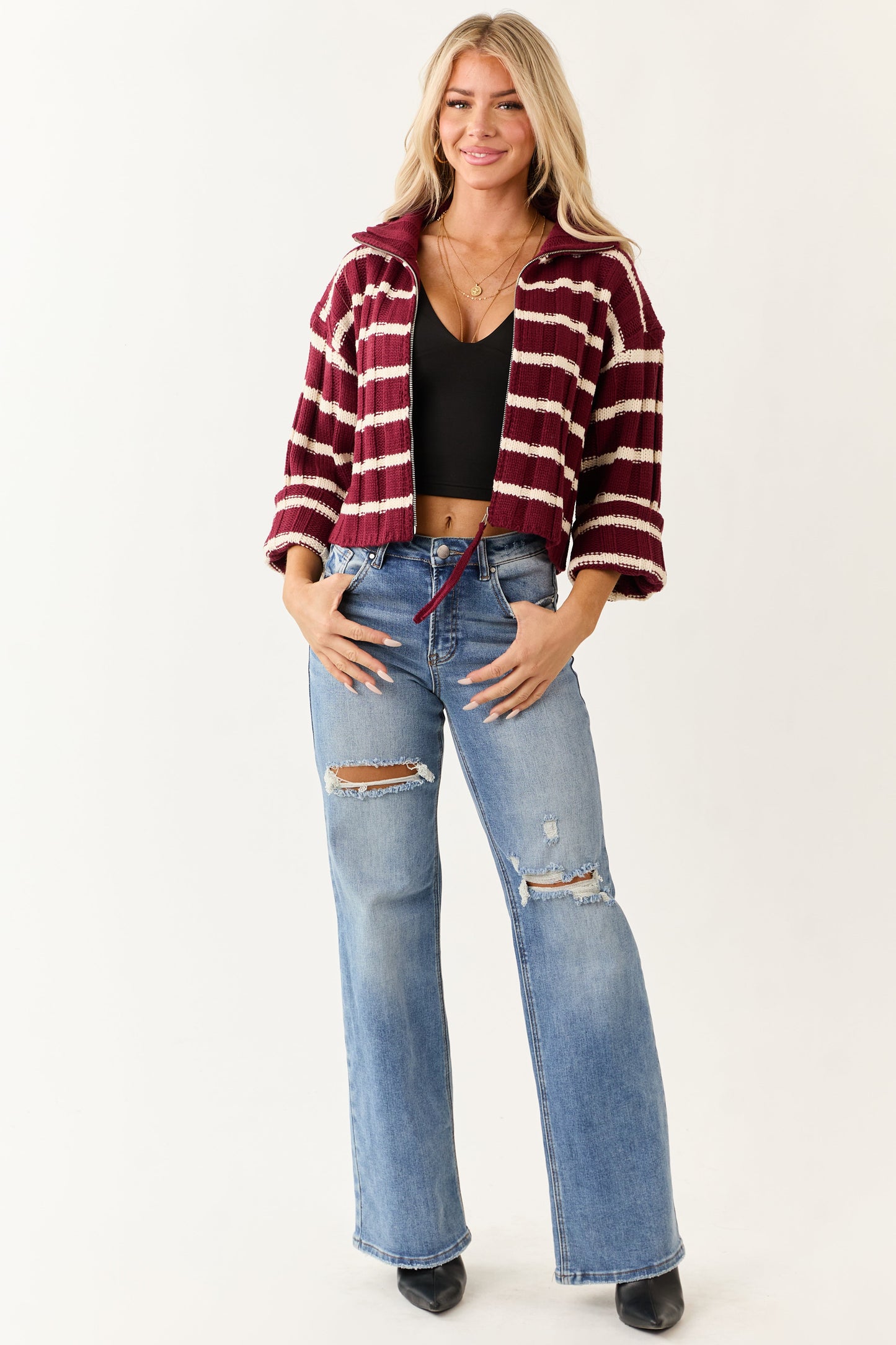 Wine and Cream Striped Zip Up Sweater Jacket