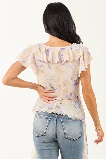 Almond Floral Tie Front Side Drape Chiffon Ruffle Top