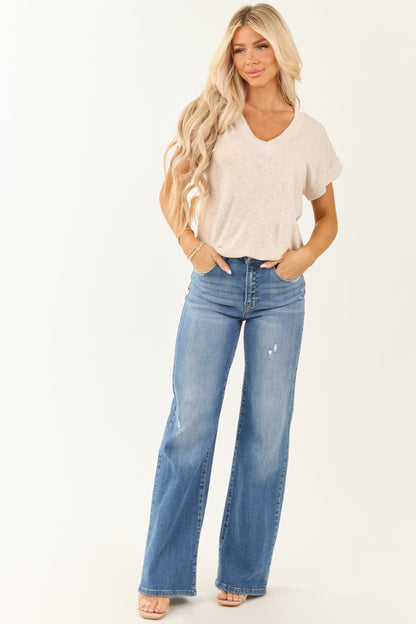 Almond Relaxed V Neck Slub Knit Top