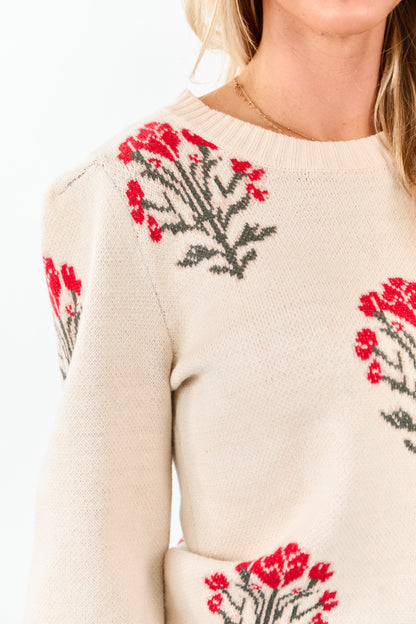 Almond Rose Stem Jacquard Soft Knit Sweater