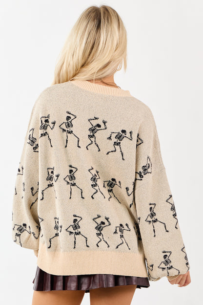 Almond Skeleton Pattern Puff Sleeve Knit Sweater