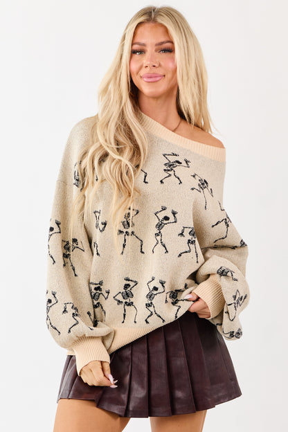 Almond Skeleton Pattern Puff Sleeve Knit Sweater