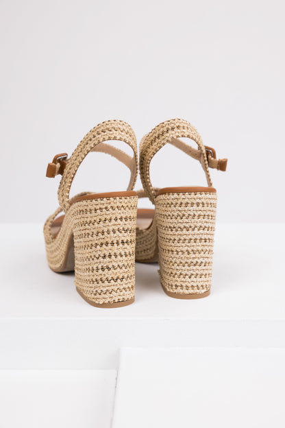Almond Raffia Woven Open Toed Platform Heels