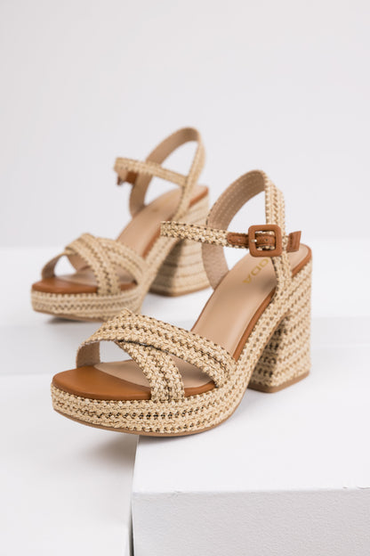 Almond Raffia Woven Open Toed Platform Heels