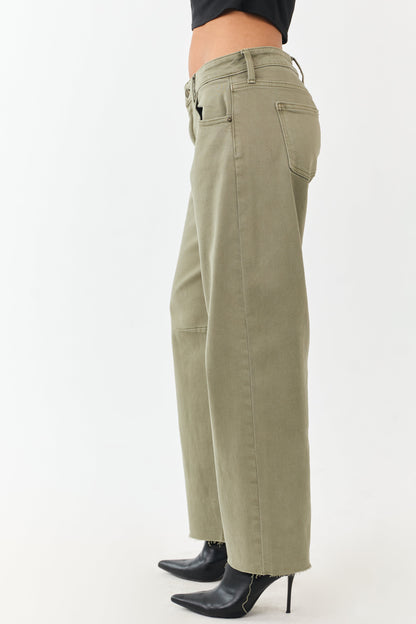 Antique Olive Mid Rise Raw Hem Barrel Jeans