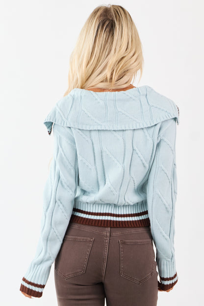 Arctic Blue Collared Striped Trim Cable Knit Sweater