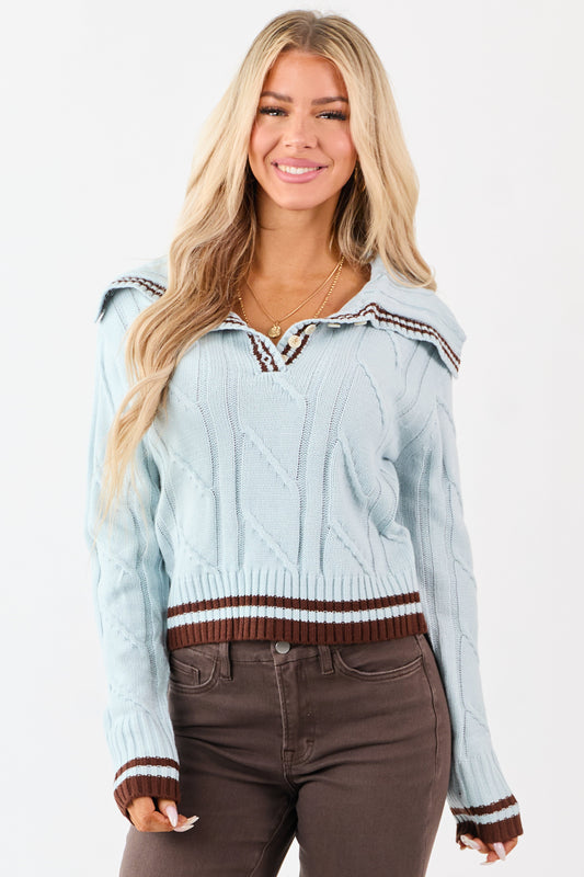Arctic Blue Collared Striped Trim Cable Knit Sweater