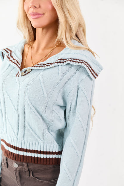Arctic Blue Collared Striped Trim Cable Knit Sweater