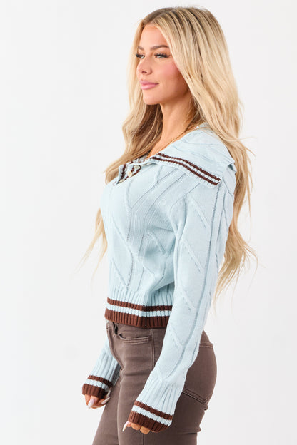 Arctic Blue Collared Striped Trim Cable Knit Sweater