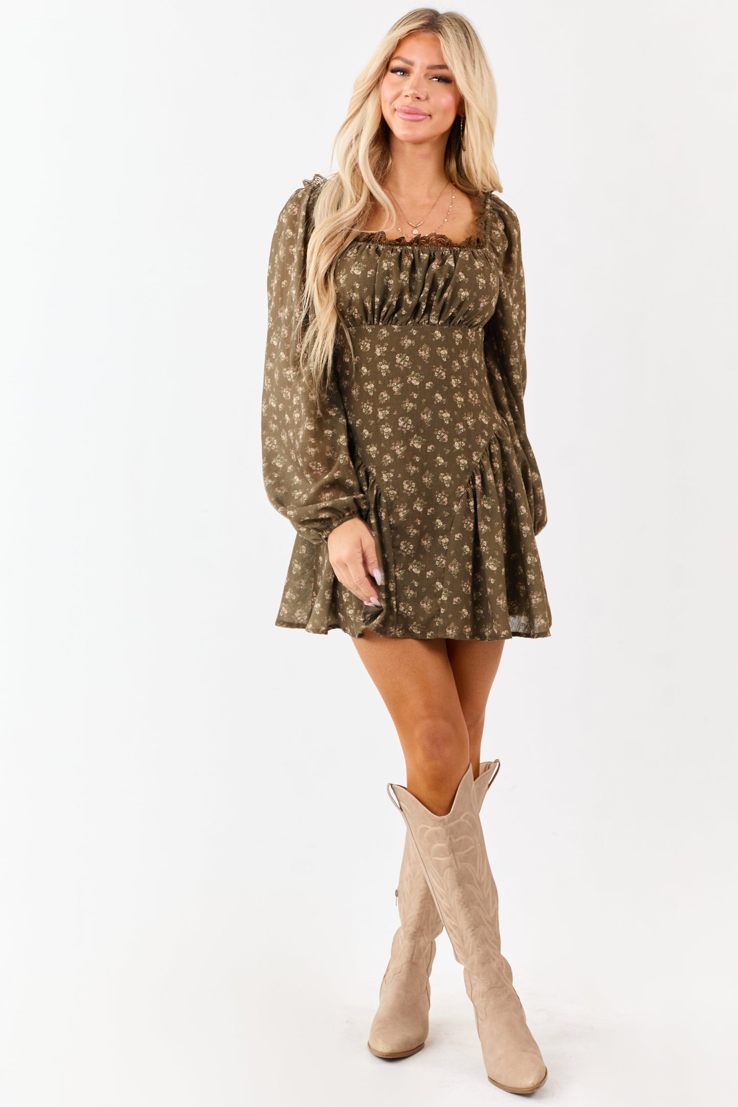 Army Green Floral Lace Trim Square Neck Mini Dress