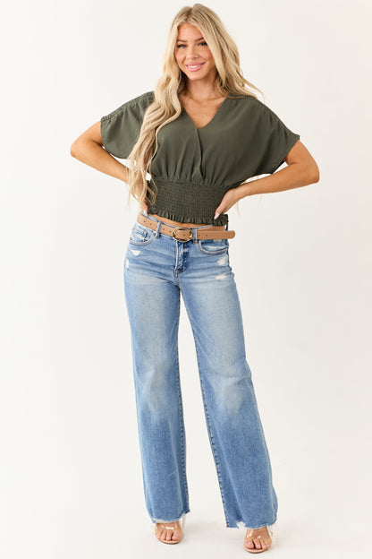 Army Green V Neck Smocked Surplice Top