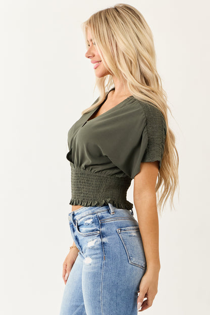 Army Green V Neck Smocked Surplice Top