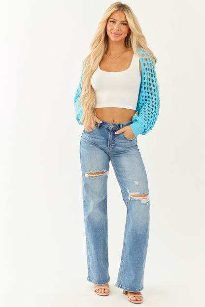 Baby Blue Open Knit Long Sleeve Shrug Cardigan
