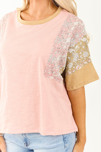 Baby Pink Patchwork Relaxed Half Sleeve Cotton Top