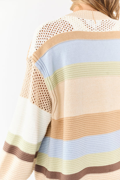 Beige Colorblock Striped Relaxed Open Front Cardigan