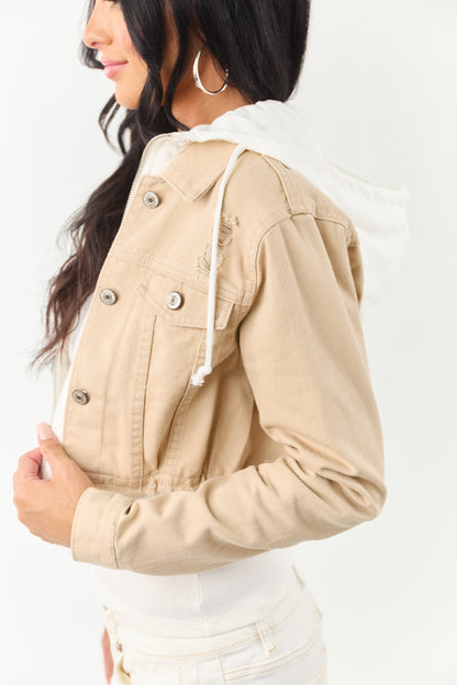 Beige Denim Crop Jacket with Inner Zip Up Hoodie