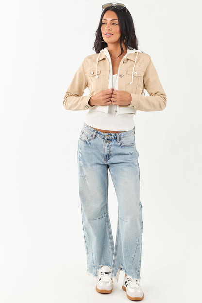 Beige Denim Crop Jacket with Inner Zip Up Hoodie