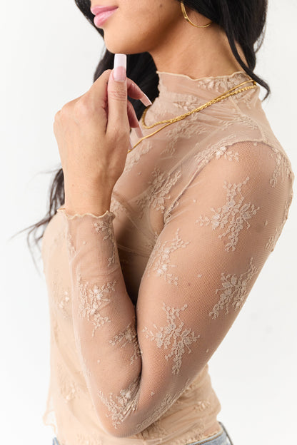 Beige Floral Lace Mesh Long Sleeve Top