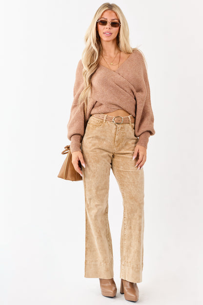 Beige Mineral Wash Corduroy Flare Pants